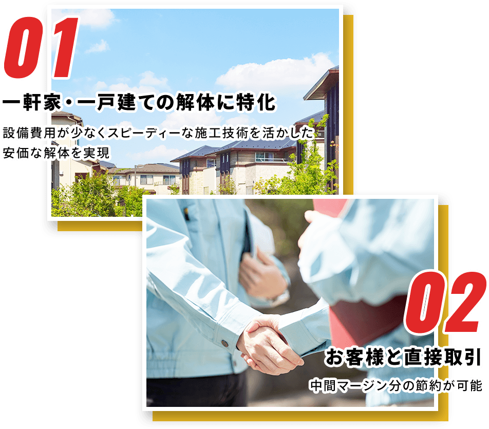 01一軒家・一戸建ての解体に特化/02お客様と直接取引